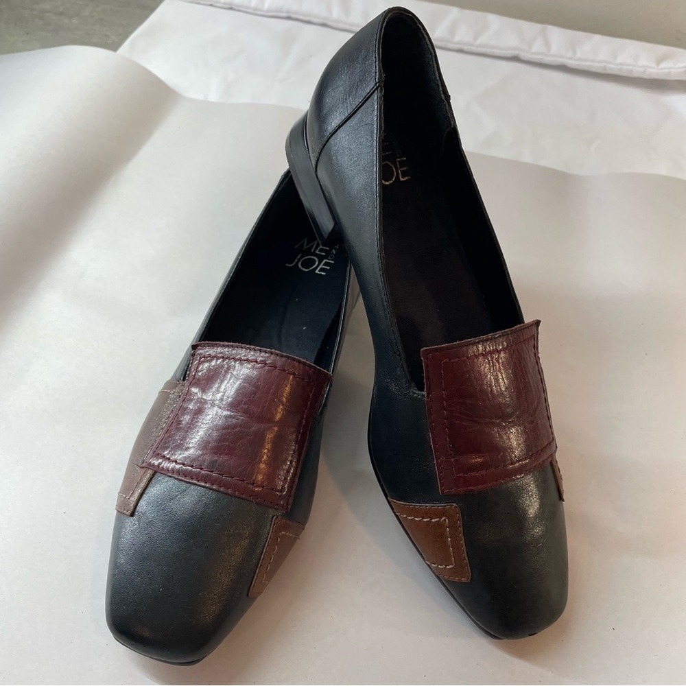 ME AND JOE Black Leather Patchwork Square Toe Loafer Flats Shoes Women EU 37